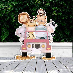 Wooden figure printed Cute watercolor animals,driving a pink car