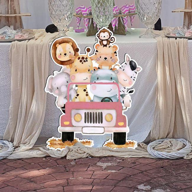 Wooden figure printed Cute watercolor animals,driving a pink car