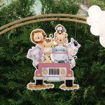 Wooden figure printed Cute watercolor animals,driving a pink car