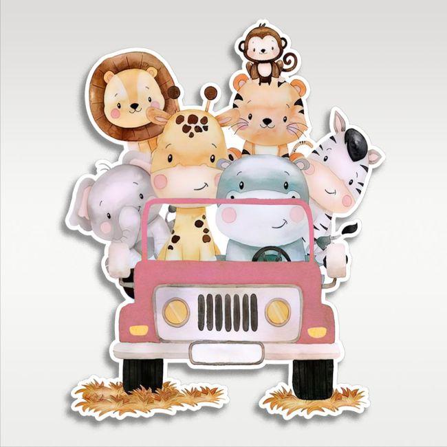 Wooden figure printed Cute watercolor animals,driving a pink car