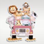 Wooden figure printed Cute watercolor animals,driving a pink car