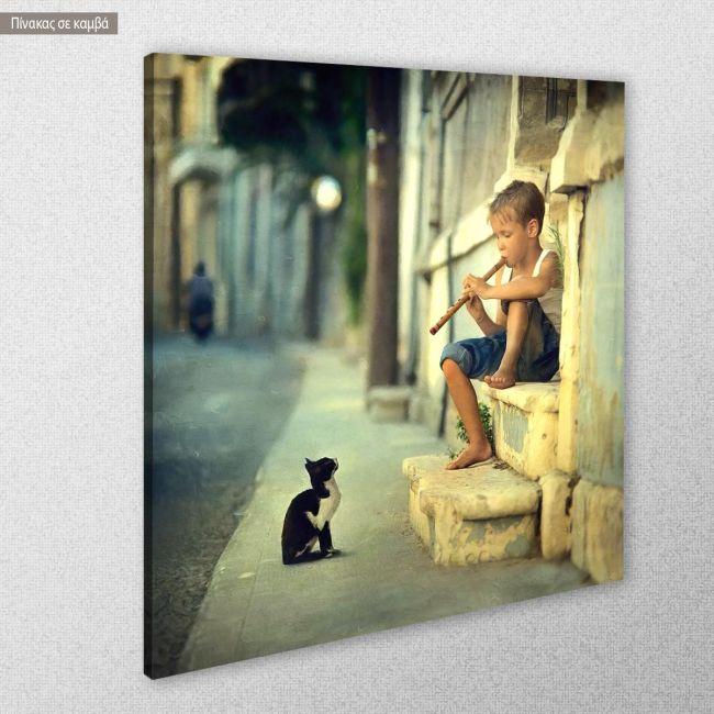 Τετράγωνος πίνακας σε καμβά The piper and the cat