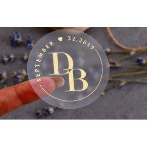 Transparent wedding stickers with gold initials, date and custom design. 2