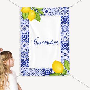 Textile BannerLove stars, Blue tiles lemons