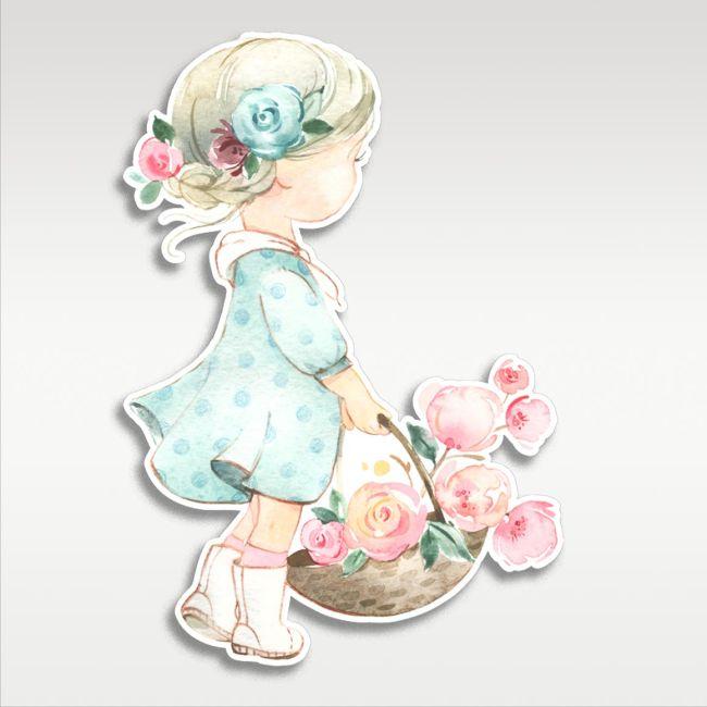 Ξύλινη φιγούρα εκτυπωμένη, Κοριτσάκι με καλάθι vintage