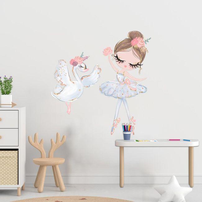 Wall sticker, watercolor ballerina and swan