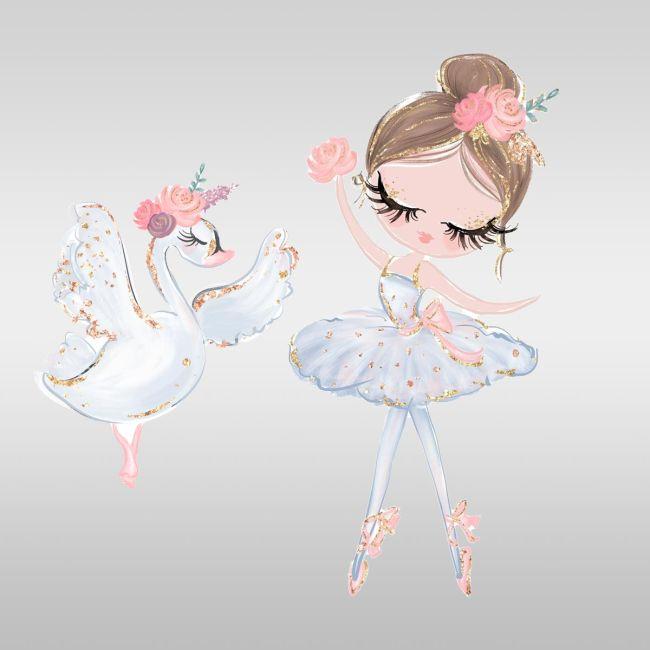 Wall sticker, watercolor ballerina and swan
