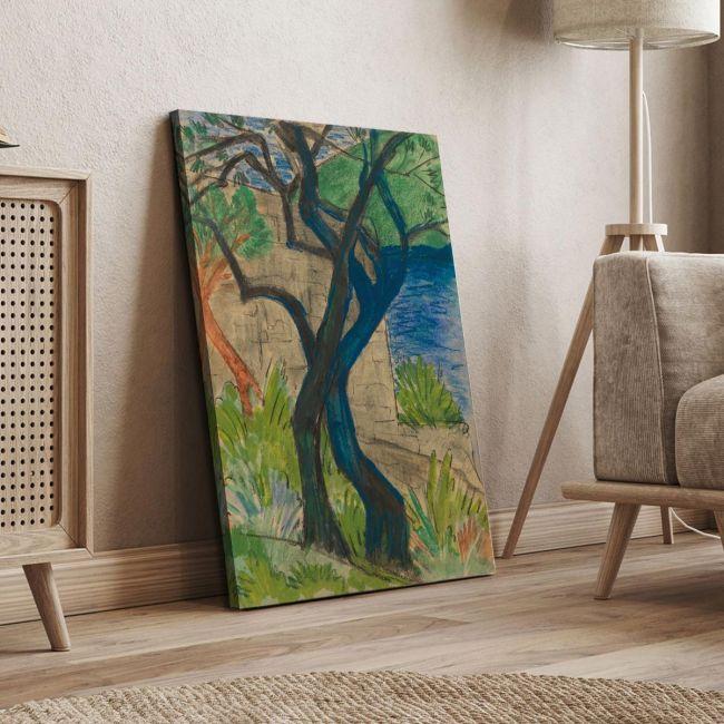 Canvas print River bank with blue tree, O. Mueller