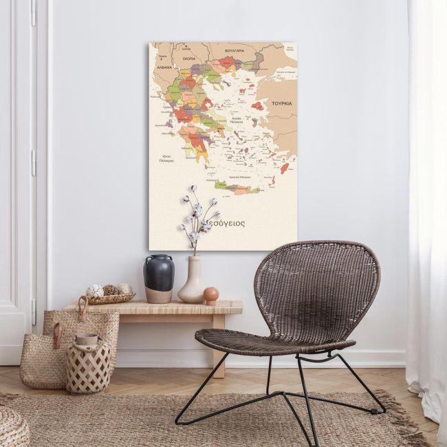 Πίνακας σε καμβά Χάρτης Ελλάδας vintage textureστα Ελληνικά Καμβάς τελαρωμένος