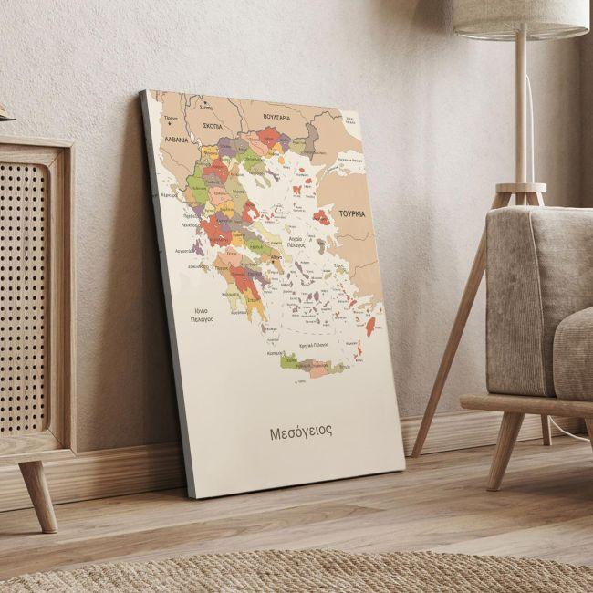 Πίνακας σε καμβά Χάρτης Ελλάδας vintage textureστα Ελληνικά Καμβάς τελαρωμένος