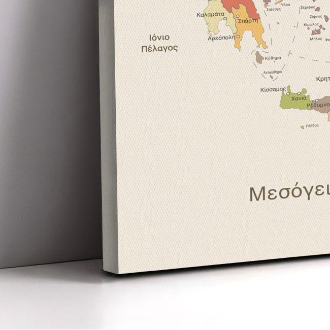 Πίνακας σε καμβά Χάρτης Ελλάδας vintage textureστα Ελληνικά Καμβάς τελαρωμένος