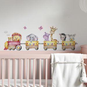 Kids wall stickers Watercolor train jungle animals 2