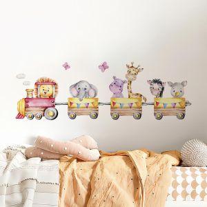 Kids wall stickers Watercolor train jungle animals