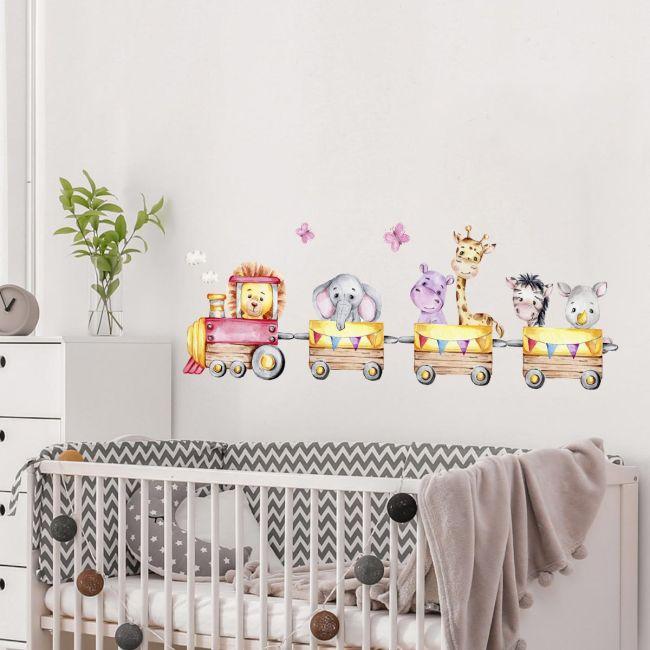 Kids wall stickers Watercolor train jungle animals