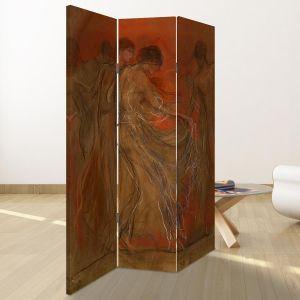 Room divider Xoros ton Mouson Gizis, three-panel with dancing female figures, expressive lines, warm ochre, orange background. 2