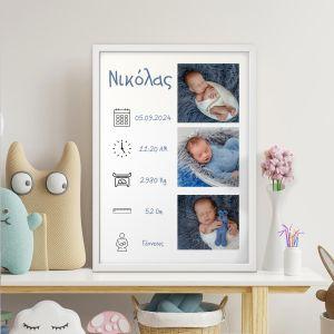 3 φωτογραφίες με στοιχεία γέννησης blueish αφίσα κάδρο  Αφίσα πόστερ με λευκή κορνίζα 2