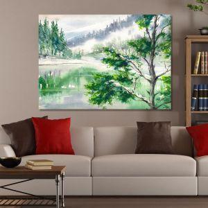 Canvas print Lake forest, Lake and house covered with snow