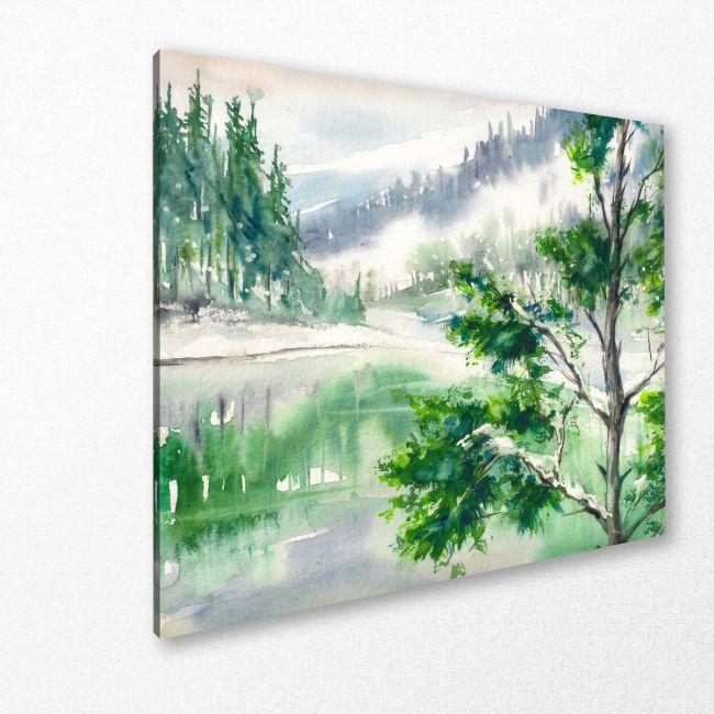 Canvas print Lake forest, Lake and house covered with snow