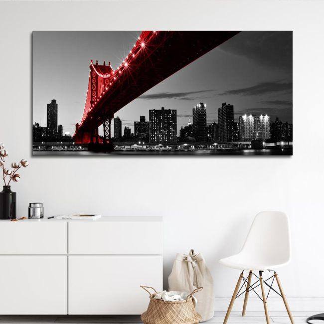 Πίνακας σε καμβά Red Manhattan bridge, πανοραμικός