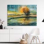 Canvas print Autumn tree reflecting in lake