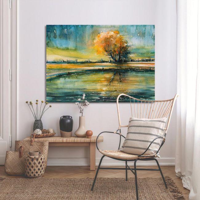 Canvas print Autumn tree reflecting in lake