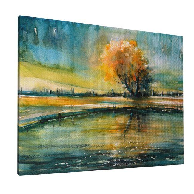 Canvas print Autumn tree reflecting in lake