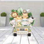 Wooden figure printed Cute watercolor animals Jeep leaves,driving a car