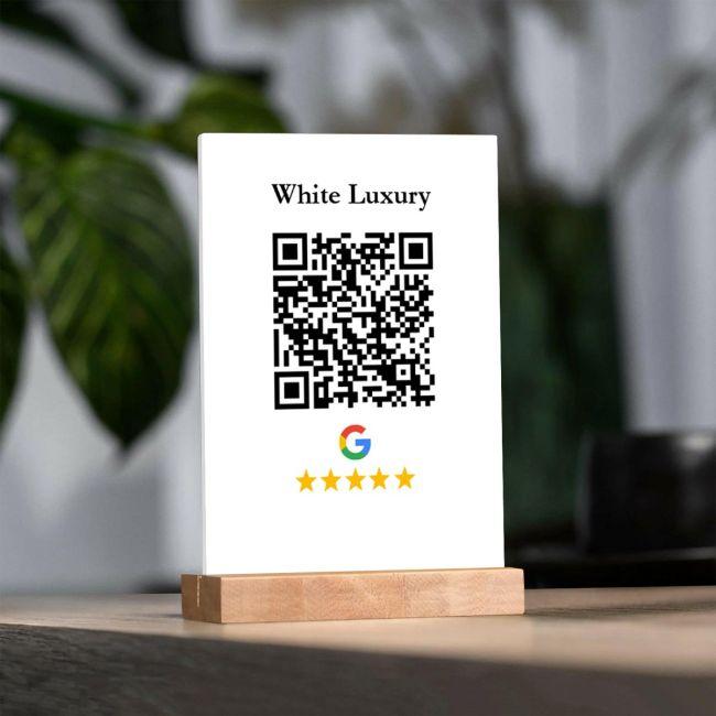 Sign plexiglass white, QR code, rate us at google