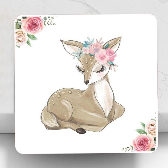 Wooden printed coaster, Deer with flowers