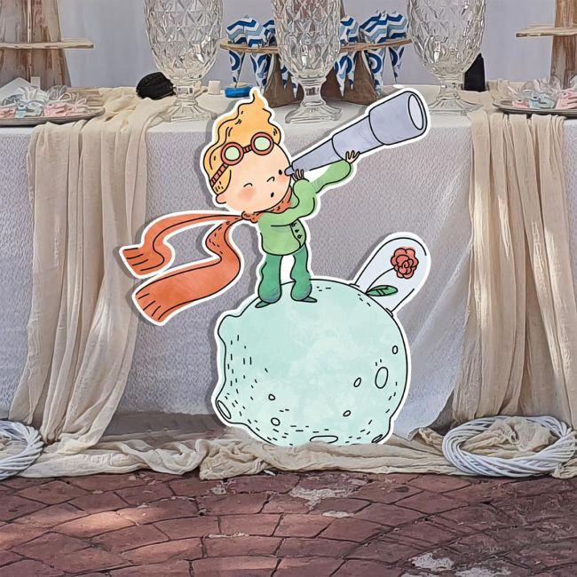 Wooden printed figures little prince wirh telescope