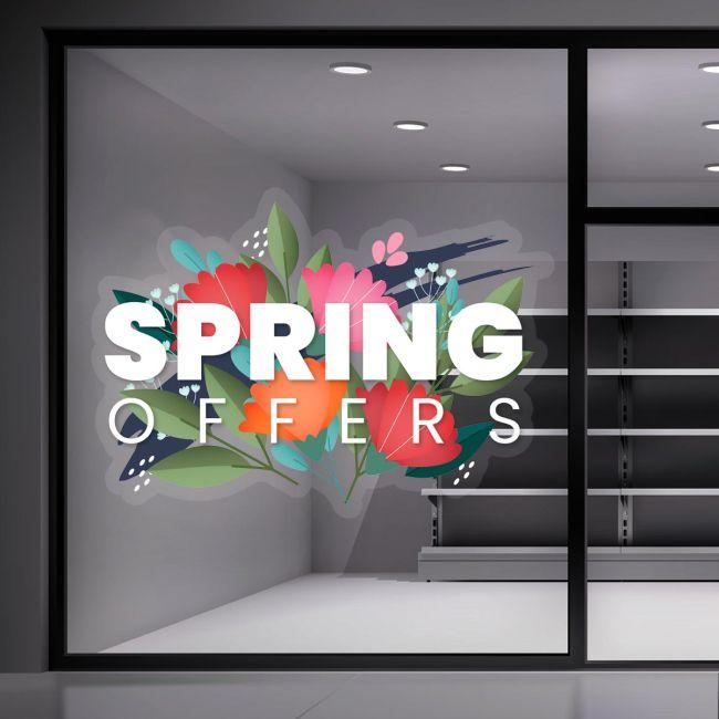Spring Sales Decal with Blue Brushstrokes and Vector Blossoms for Shop Windows