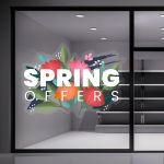 Spring Sales Decal with Blue Brushstrokes and Vector Blossoms for Shop Windows