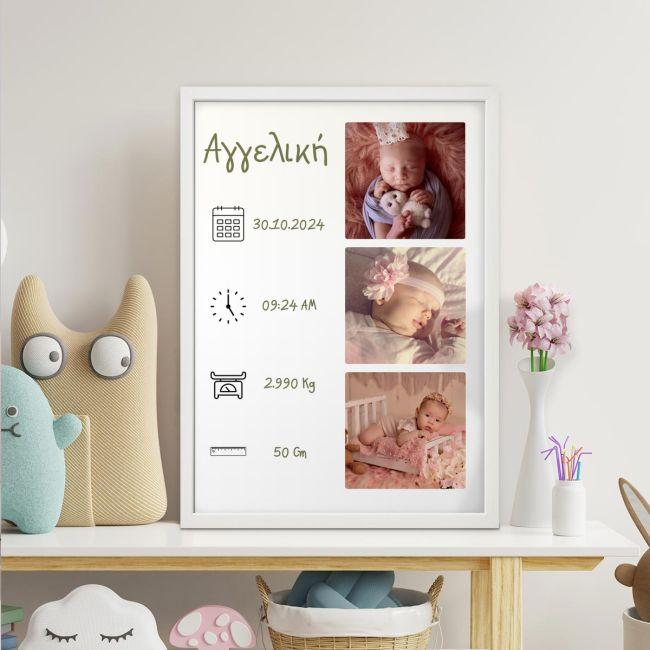 3 φωτογραφίες με στοιχεία γέννησηςgreenish αφίσα κάδρο  Αφίσα πόστερ με λευκή κορνίζα