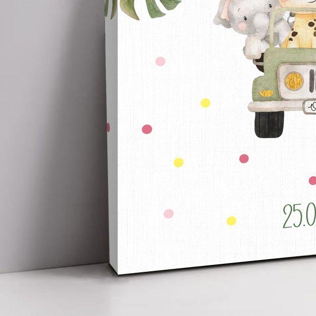 Πίνακας σε καμβά υποδοχής βάπτισης Ζωάκια σε τζιπάκι ροζ λεπτομέρειες Καμβάς τελαρωμένος