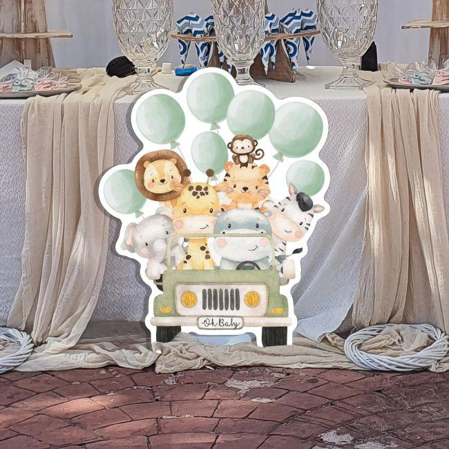 Wooden figure printed Cute watercolor animals with balloons,driving a car