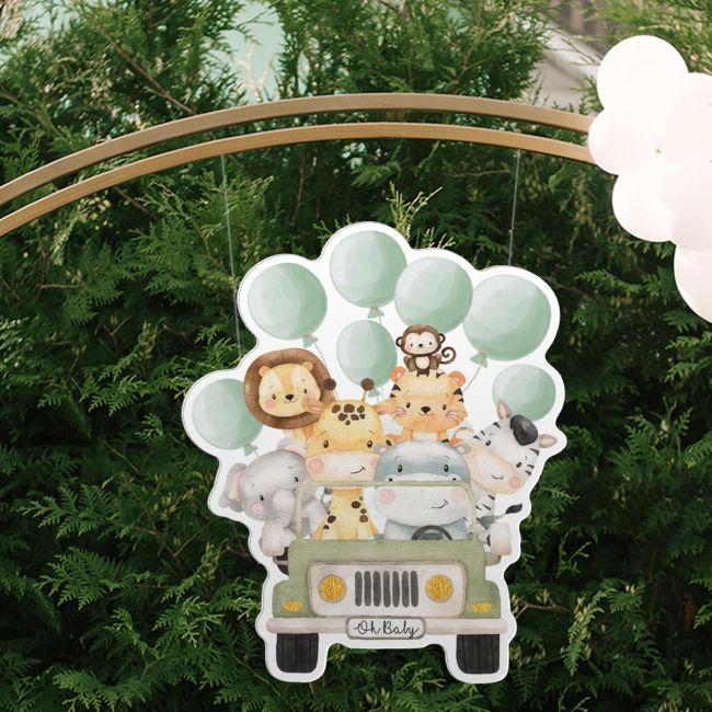 Wooden figure printed Cute watercolor animals with balloons,driving a car