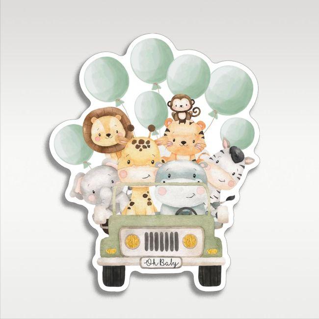 Wooden figure printed Cute watercolor animals with balloons,driving a car