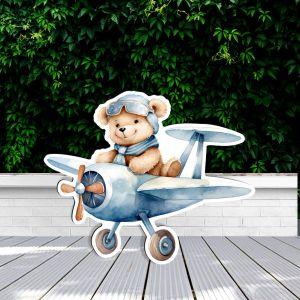 Wooden figure printed, Cute Baby Bear Pilot Blue Airplane