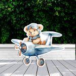 Wooden figure printed, Cute Baby Bear Pilot Blue Airplane