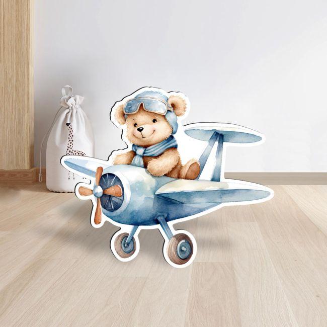 Wooden figure printed, Cute Baby Bear Pilot Blue Airplane