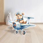 Wooden figure printed, Cute Baby Bear Pilot Blue Airplane