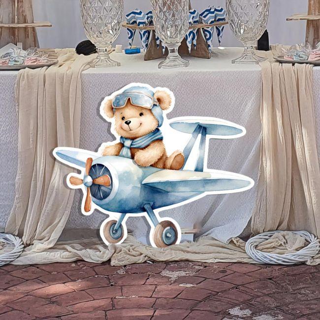 Wooden figure printed, Cute Baby Bear Pilot Blue Airplane