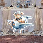 Wooden figure printed, Cute Baby Bear Pilot Blue Airplane
