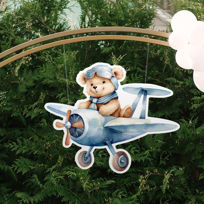 Wooden figure printed, Cute Baby Bear Pilot Blue Airplane