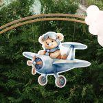Wooden figure printed, Cute Baby Bear Pilot Blue Airplane
