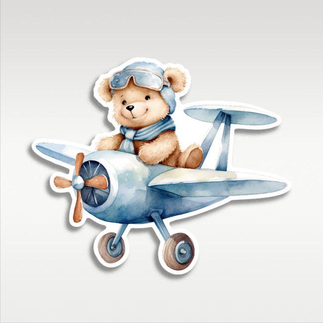 Wooden figure printed, Cute Baby Bear Pilot Blue Airplane
