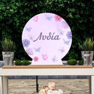 Wooden printed sign, purple butterflies and flowers