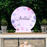 Wooden printed sign, purple butterflies and flowers