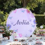 Wooden printed sign, purple butterflies and flowers