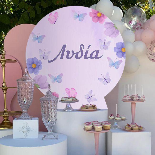 Wooden printed sign, purple butterflies and flowers